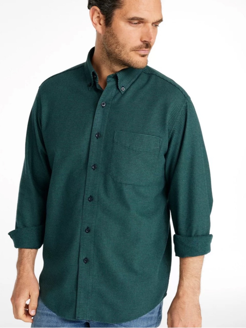 LL Bean | Green Houndstooth Button-Down Shirt | Cotton | Medium
